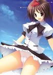  bow brown_hair day flying hat looking_at_viewer open_mouth panties pantyshot red_eyes ribbon rikudou_inuhiko shameimaru_aya short_hair skirt skirt_lift sky smile solo touhou underwear upskirt 