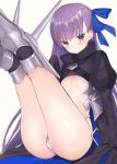  1girl ass bangs beige_background black_jacket blue_bow blush bow closed_mouth commentary_request crotch_plate eyebrows_visible_through_hair fate/extra fate/extra_ccc fate_(series) hair_bow jacket juliet_sleeves legs_up long_hair long_sleeves looking_at_viewer meltlilith puffy_sleeves purple_eyes purple_hair simple_background sleeves_past_fingers sleeves_past_wrists solo suzuho_hotaru v-shaped_eyebrows very_long_hair 
