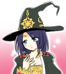  blue_eyes blue_hair bow copyright_request eyes_visible_through_hair hair_bow hat purple_hair short_hair sketch solo wakabayashi_makoto witch_hat 