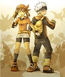  1girl back-to-back bag bandana bike_shorts blue_eyes brown_hair gloves haruka_(pokemon) hat holding holding_poke_ball keko_(corona) poke_ball pokemon pokemon_(game) pokemon_rse short_hair smog white_hair yuuki_(pokemon) 