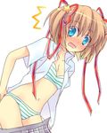  blonde_hair blue_eyes blush bra fuyuichi hair_ribbon kamikita_komari lingerie little_busters! lowres open_clothes open_shirt panties ribbon shirt short_hair skirt solo star striped striped_bra striped_panties surprised underwear undressing 