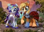  2019 applejack_(mlp) blue_eyes clothing cloven_hooves cutie_mark duo earth_pony equine eyeshadow female feral flower friendship_is_magic green_eyes harwick hi_res hooves horn horse looking_at_viewer makeup mammal mountain my_little_pony outside plant pony rarity_(mlp) rose smile unicorn 