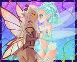  aqua_hair ass bad_id bad_pixiv_id bustier covered_nipples dark_skin fairy flat_chest green_eyes holding_hands kay_(utd) lingerie multiple_girls orange_eyes original pointy_ears underwear white_hair wings yuri 