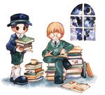  artist_request book book_stack glasses hat jeff_andonuts kneehighs lowres male_focus mother_(game) mother_2 multiple_boys open_book shorts tony_(mother_2) window 