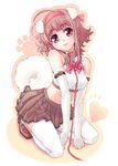  animal_ears bad_id bad_pixiv_id blush bow breasts brown_hair collar dog_ears dog_tail elbow_gloves gloves hairband heppoko_r kneeling leash medium_breasts midriff original pink_eyes pleated_skirt ribbon short_hair skirt smile solo tail thighhighs twintails white_legwear zettai_ryouiki 