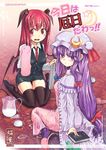  annoyed bad_id bad_pixiv_id bat_wings book breasts covered_nipples crescent cup embarrassed hat head_wings highres homura_subaru koakuma medium_breasts milk multiple_girls necktie patchouli_knowledge pitcher purple_eyes purple_hair red_eyes red_hair red_neckwear tears thighhighs touhou towel wet wet_clothes wings zettai_ryouiki 