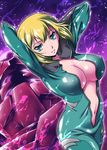  ahead blonde_hair blue_eyes bodysuit breasts cleavage covered_nipples green_bodysuit gundam gundam_00 kusui_aruta large_breasts louise_halevy mecha open_clothes open_shirt shirt short_hair solo 