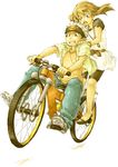  1girl alternate_costume bicycle blue_eyes bracelet brown_eyes brown_hair ground_vehicle haruka_(pokemon) jewelry keko_(corona) multiple_riders necklace no_bandana no_headwear pillion pokemon pokemon_(game) pokemon_rse riding short_hair standing white_hair yuuki_(pokemon) 