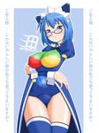  2k-tan :/ bangs black-framed_eyewear blue_eyes blue_hair blue_legwear blue_swimsuit blush bow bowtie breast_hold breasts copyright_name covered_navel covered_nipples cowboy_shot crossed_arms frown glasses hair_ornament impossible_clothes large_breasts logo long_sleeves maid_headdress one-piece_swimsuit os-tan outline puffy_sleeves raised_eyebrows school_swimsuit short_hair showgirl_skirt skin_tight solo swimsuit swimsuit_costume swimsuit_under_clothes thighhighs translation_request wrist_cuffs zettai_ryouiki 