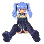  bad_id bad_pixiv_id bangs bare_shoulders black_footwear black_gloves black_legwear blue_hair blush boots breasts busou_shinki cleavage cleavage_cutout dd_(ijigendd) doll_joints elbow_gloves foreshortening gloves hair_ribbon highleg highleg_leotard leotard long_hair pointy_ears red_eyes ribbon sidelocks simple_background sitting small_breasts solo thigh_boots thighhighs twintails valona wavy_hair white_background 