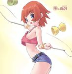  arched_back belt blue_eyes breasts cowboy_shot denim denim_shorts eyebrows_visible_through_hair flat_chest holding juggling kaleido_star kei_jiei loose_clothes loose_shirt midriff nipple_slip nipples no_bra non-web_source open_mouth red_hair rosetta_passel shirt short_hair shorts sidelocks small_breasts smile solo spinning_top standing tank_top wristband yellow_background 