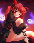  :3 animal_ears blush bow braid cat_ears cat_tail dress fang hair_ribbon kaenbyou_rin multiple_tails panties red_eyes red_hair ribbon scarlet_(studioscr) skull solo tail touhou twin_braids twintails underwear 