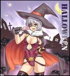  breasts candy cape cleavage covered_navel elbow_gloves eyepatch fang food gloves halloween hat houtengeki lollipop medium_breasts open_mouth original short_hair silver_hair skindentation solo striped swirl_lollipop thighhighs witch_hat yellow_eyes 