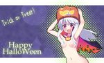  akino_sora armpits bad_id bad_pixiv_id breasts cape fangs halloween happy happy_halloween jack-o'-lantern long_hair naked_cape nude original pink_eyes pumpkin pumpkin_hat small_breasts solo torn_clothes trick_or_treat white_hair 