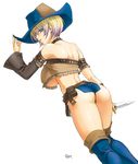  ass boots breasts cowboy_hat dagger fantasy_earth_zero fringe_trim hat huge_breasts knife solo tachibana_chata underboob weapon western 