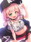  1girl :d arm_up bang_dream! bangs baseball_cap black_bra black_hat black_jacket blush bra breasts chains cleavage clothes_around_waist collarbone commentary_request crop_top eyebrows_visible_through_hair fingernails green_eyes hat jacket jacket_around_waist light_brown_hair long_hair looking_at_viewer matokechi medium_breasts midriff navel open_mouth red_skirt see-through shirt short_sleeves simple_background skirt smile solo uehara_himari underwear white_background white_shirt 