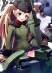  blonde_hair blue_eyes fur_hat hat kuroba_(f-15c_eagle) long_hair mecha_musume military original panties solo striped striped_panties t-34_(personification) twintails underwear weapon 