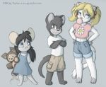  2008 abigail_(jay_naylor) anthro barefoot black_fur black_hair blonde_hair blue_eyes clothed clothing conditional_dnp crossed_arms cub domestic_cat felid feline felis female fur grey_eyes group hair janie_(jay_naylor) jay_naylor male mammal midriff mouse pigtails plushie rodent shirt shorts standing thomas_(jay_naylor) url white_fur young 