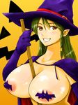  areola_slip areolae between_breasts braid breasts broom brown_eyes covered_nipples elbow_gloves gloves green_hair grin halloween hat huge_breasts long_hair mutaken_(bremen) original pasties pointy_ears smile solo witch witch_hat 