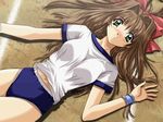  blush brown_hair buruma green_eyes gym_uniform jpeg_artifacts lying navel ribbon solo sweatband 