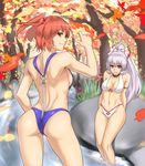  ass autumn autumn_leaves back bare_back bikini breasts coin fujiwara_no_mokou houtengeki leaf long_hair looking_back medium_breasts midriff multiple_girls navel onozuka_komachi outdoors red_eyes river short_hair sideboob slingshot_swimsuit swimsuit toned touhou water 