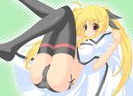  ahoge bad_id bad_pixiv_id black_panties blonde_hair breasts covered_nipples fate_testarossa hair_ribbon large_breasts long_hair lyrical_nanoha mahou_shoujo_lyrical_nanoha_strikers panties plus9 red_eyes ribbon side-tie_panties solo thighhighs twintails underwear 