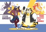  anthro anubian_jackal anubis black_fur bottomless canid canine canis clothed clothing deity featureless_crouch felid fully_clothed fur jackal male mammal pantherine slightly_chubby takataka tiger 