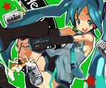  alcohol beer blue_eyes blue_hair can detached_sleeves hatsune_miku long_hair necktie no_panties shimura_nobuo solo thighhighs twintails vocaloid 