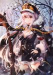  1girl aiguillette armband bare_tree black_choker black_coat black_dress blue_sky blush bolt_action boots breasts buttons choker cleavage closed_mouth cowboy_shot cross day dress floating_hair forest fur_collar fur_trim girls_frontline gun hair_between_eyes hand_on_hip hat highres holding holding_gun holding_weapon jacket_on_shoulders kar98k_(girls_frontline) large_breasts lkeris long_hair long_sleeves looking_at_viewer mauser_98 military military_hat military_uniform nature outdoors peaked_cap puffy_sleeves red_eyes sidelocks silver_hair sky smile snow snowing solo standing thigh_boots thighhighs tree uniform very_long_hair weapon 