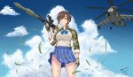  1girl adapted_uniform aircraft brown_hair camouflage cloud commentary dated english_commentary gloves grass half_updo helicopter highres himmelstern looking_at_viewer mi-24 original pleated_skirt rocket_launcher rpg rpg-7 signature skirt sky solo trigger_discipline twitter_username weapon wind wind_lift yellow_eyes 