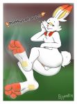  2019 3_toes anthro anthrofied balls bjyord butt dialogue digital_media_(artwork) english_text feet foot_focus fur lagomorph looking_at_viewer lying male mammal nintendo nude orange_eyes orange_fur pok&eacute;mon pok&eacute;mon_(species) pok&eacute;morph presenting presenting_hindquarters scorbunny solo steam text toes video_games white_fur 