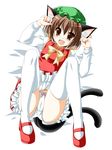  animal_ears bow brown_eyes brown_hair cat_ears cat_tail chen colorized earrings fang hat highres jewelry kamiya_tomoe mary_janes multiple_tails panties ribbon shoes short_hair socks solo tail thighhighs touhou underwear white_panties 