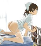  all_fours ass bad_id bad_pixiv_id bed bent_over blush brown_hair copyright_request from_side garter_belt hat hospital_bed mimizou nurse nurse_cap panties shoes solo thighhighs thong underwear 