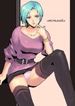  amano_megumi_(urotsukidouji) aqua_eyes aqua_hair belt black_legwear bracelet finger_to_mouth izumi_rion jewelry miniskirt panties pantyshot pencil_skirt pink_panties short_hair sitting skirt sleeves_pushed_up smile solo sweater thighhighs underwear urotsukidouji 