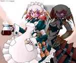  1girl aliasing apron breasts character_name cleavage coffee dauthi_mindripper large_breasts looking_at_viewer magic:_the_gathering magic_the_gathering maid maid_apron pink_eyes red_hair siblings smile solo twins two-tone_hair yone88 yonezuka_ryou 
