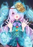  1girl :o arms_up aura blue_background blue_neckwear blue_shirt bow bowtie commentary_request eyebrows_visible_through_hair glowing hair_between_eyes hannya hata_no_kokoro head_tilt highres lavender_hair long_hair long_sleeves looking_at_viewer mask noh_mask open_hands open_mouth pink_hair pink_skirt plaid plaid_shirt shirt skirt solo standing star syuri22 touhou triangle untucked_shirt upper_body very_long_hair x 