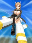  animal_ears breasts brown_eyes brown_hair flying gun large_breasts long_hair mecha midair minna-dietlinde_wilcke nipples no_panties open_clothes open_shirt pussy rasukaru rifle shirt solo strike_witches weapon world_witches_series 