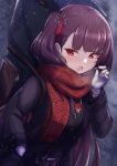  1girl adjusting_hair bag breath girls_frontline gloves hair_ornament hand_in_pocket highres jacket long_hair necktie one_side_up open_mouth purple_hair red_eyes scarf snow snowflake_hair_ornament solo wa2000_(girls_frontline) watch white_gloves yuki_shiro 