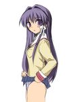 clannad esuesu fujibayashi_kyou hikarizaka_private_high_school_uniform long_hair purple_hair school_uniform skirt skirt_lift solo 
