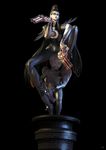  3d absurdres ankle_gun artist_request bayonetta bayonetta_(character) black_hair bodysuit cherub crotch dual_wielding eyeshadow glasses grey_eyes gun handgun high_heels highres holding long_hair makeup official_art quadruple_wielding shoes statue weapon 