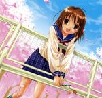  against_fence blush brown_eyes brown_hair cellphone cherry_blossoms fence happy highres leaning_forward original petals phone q-gaku school_uniform serafuku short_hair skirt smile solo 