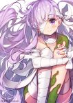  1girl bandage bandage_over_one_eye bandaged_arm bandaged_head bandages bangs blush closed_mouth collarbone eyebrows_visible_through_hair fate/grand_order fate_(series) hair_over_one_eye hong_(white_spider) kingprotea leg_hug long_hair looking_at_viewer moss nail_polish one_eye_covered purple_eyes purple_hair purple_nails simple_background sitting smile solo very_long_hair white_background 