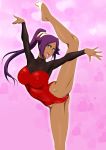  1girl ass bare_legs bleach breasts curvy dark_skin erect_nipples female game_cg gymnast_leotard highleg highleg_leotard highres large_breasts legs_up leotard lime_(purple_haze) long_hair looking_at_viewer nipples partially_visible_vulva ponytail purple_hair shihouin_yoruichi shiny shiny_skin simple_background skin_tight smile solo yellow_eyes 