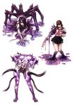  absurdres breasts brown_hair highres horns insect_girl long_hair medium_breasts monster_girl multiple_girls nipples pointy_ears purple_skin school_uniform short_hair spider_girl wild_flower yamashita_shun'ya zombie 