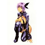  areola_slip areolae ayane_(doa) boots breasts cleavage curvy dead_or_alive full_body headband high_heels homare_(fool's_art) large_breasts leather leotard lips lipstick makeup ninja no_bra one_knee open_mouth purple_eyes purple_hair shiny shiny_clothes shoes short_hair simple_background solo thigh_boots thighhighs turtleneck 