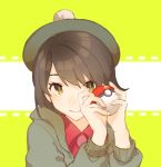  1girl ball beret brown_hair cowboy_shot creatures_(company) female_protagonist_(pokemon_swsh) game_freak green_hat hair_between_eyes hat highres holding holding_ball holding_poke_ball hood hooded_sweater long_hair long_sleeves looking_at_viewer nintendo poke_ball pokemon pokemon_(game) pokemon_swsh simple_background smile solo sweater two-tone_background yellow_eyes 