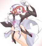  angry artist_request breasts cross crossed_legs curvy gloves la_pucelle large_breasts open_mouth pantyhose prier red_eyes red_hair solo thick_thighs thighs toned wide_hips 