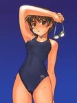  artist_request blue_background breasts brown_eyes brown_hair cameltoe copyright_request covered_nipples medium_breasts one-piece_swimsuit school_swimsuit short_hair solo swimsuit wet 