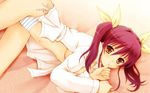  bomi hair_ribbon highres kousaka_miyu lying non-web_source open_clothes open_shirt panties purple_hair ribbon shirt side-tie_panties sim_love_~hitonatsu_no_kiseki~ solo striped striped_panties twintails underwear wallpaper 