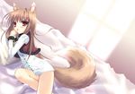  animal_ears bottomless brown_hair chimaro cuffs handcuffs holo long_hair lying red_eyes solo spice_and_wolf tail wolf_ears 